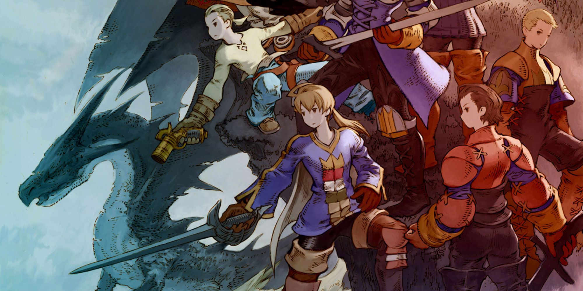 Art showcasing several armed Final Fantasy Tactics characters in front of a large dragon.