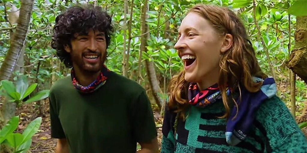 Matt and Frannie from Survivor 44 laughing in the woods