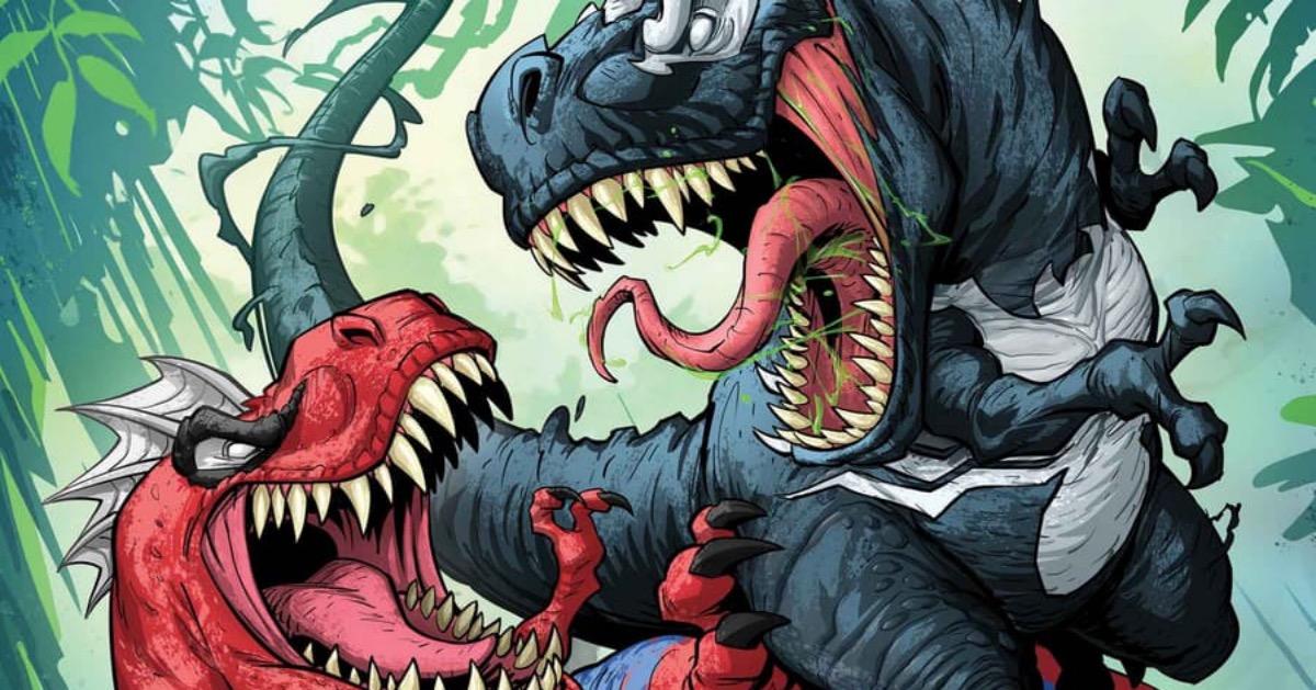 Spider-Man y Venom luchan como dinosaurios en la vista previa de Edge of Spider-Verse