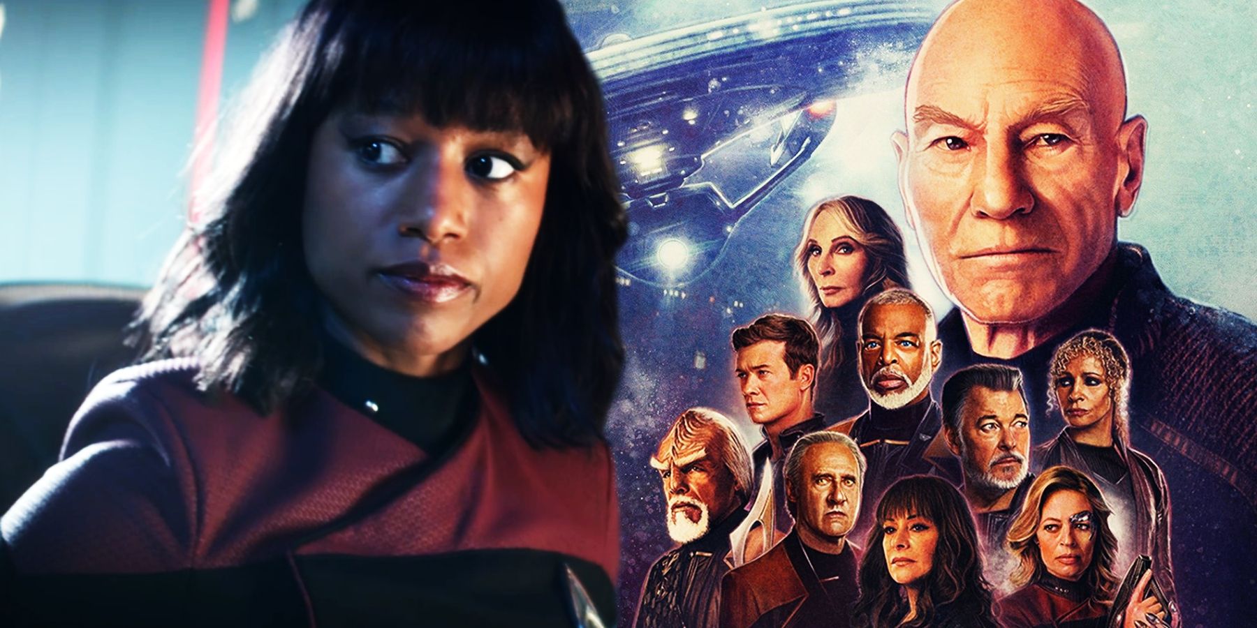 Ashlei Sharpe Chestnut as Sidney La Forge and the cast of Star Trek: Picard season 3