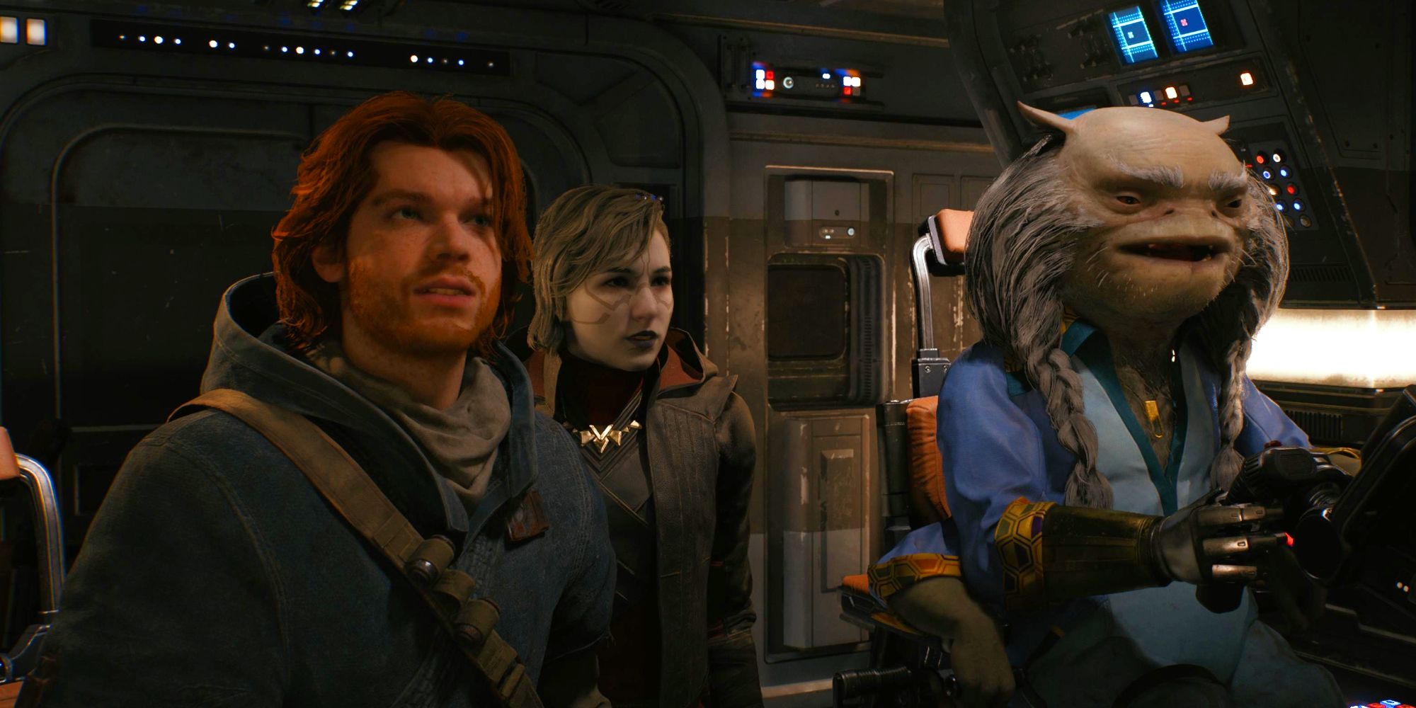 Cal, Merrin, and Greez in the cockpit of the Stinger Mantis in Star Wars Jedi: Survivor.