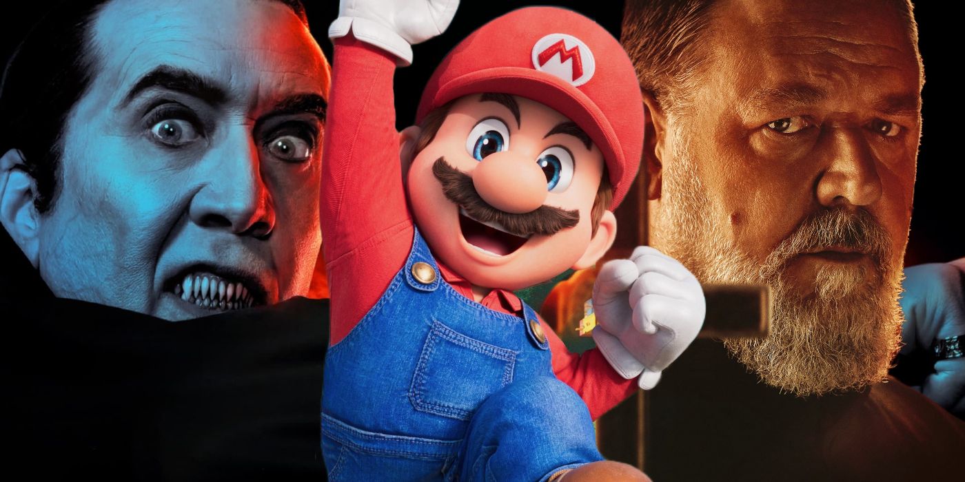 Mario Jumping in Front of Nicolas Cage as Dracula from Renfield and Russell Crowe as The Pope's Exorcist
