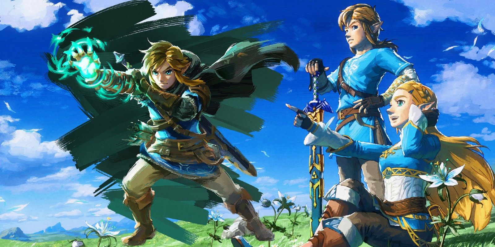 Image of The Legend of Zelda: Tears of the Kingdom's Link against anniversary artwork for Breath of the Wild featuring Link and Zelda.
