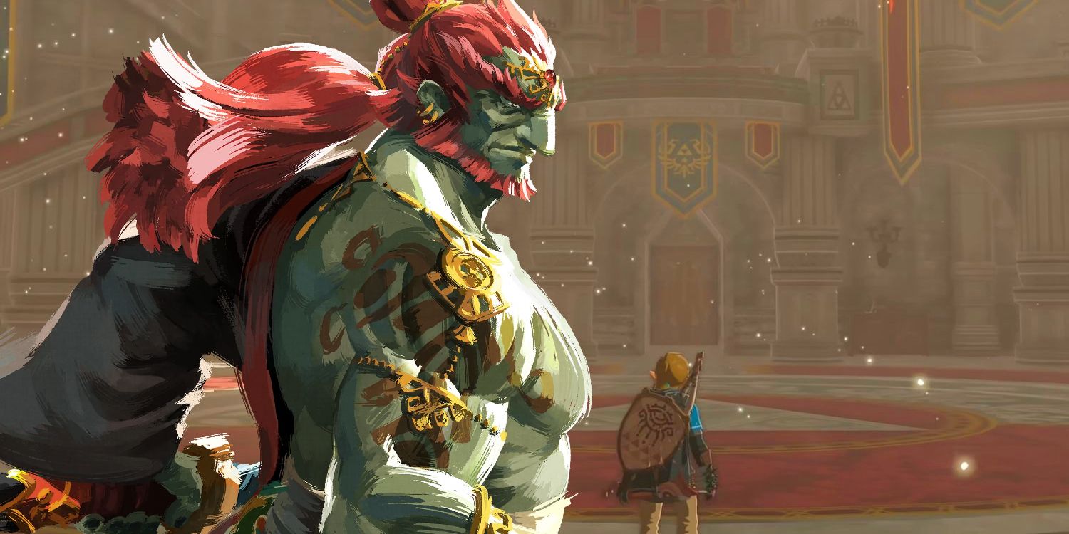 Tears of the Kingdom's official artwork for Ganondorf overlaid on a zoomed screenshot of Link standing in a Hyrule Castle foyer.