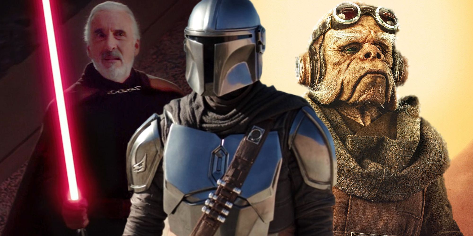 Count Dooku wielding his lightsaber, Din Djarin, and Kuill from his Mandalorian season 1 character poster