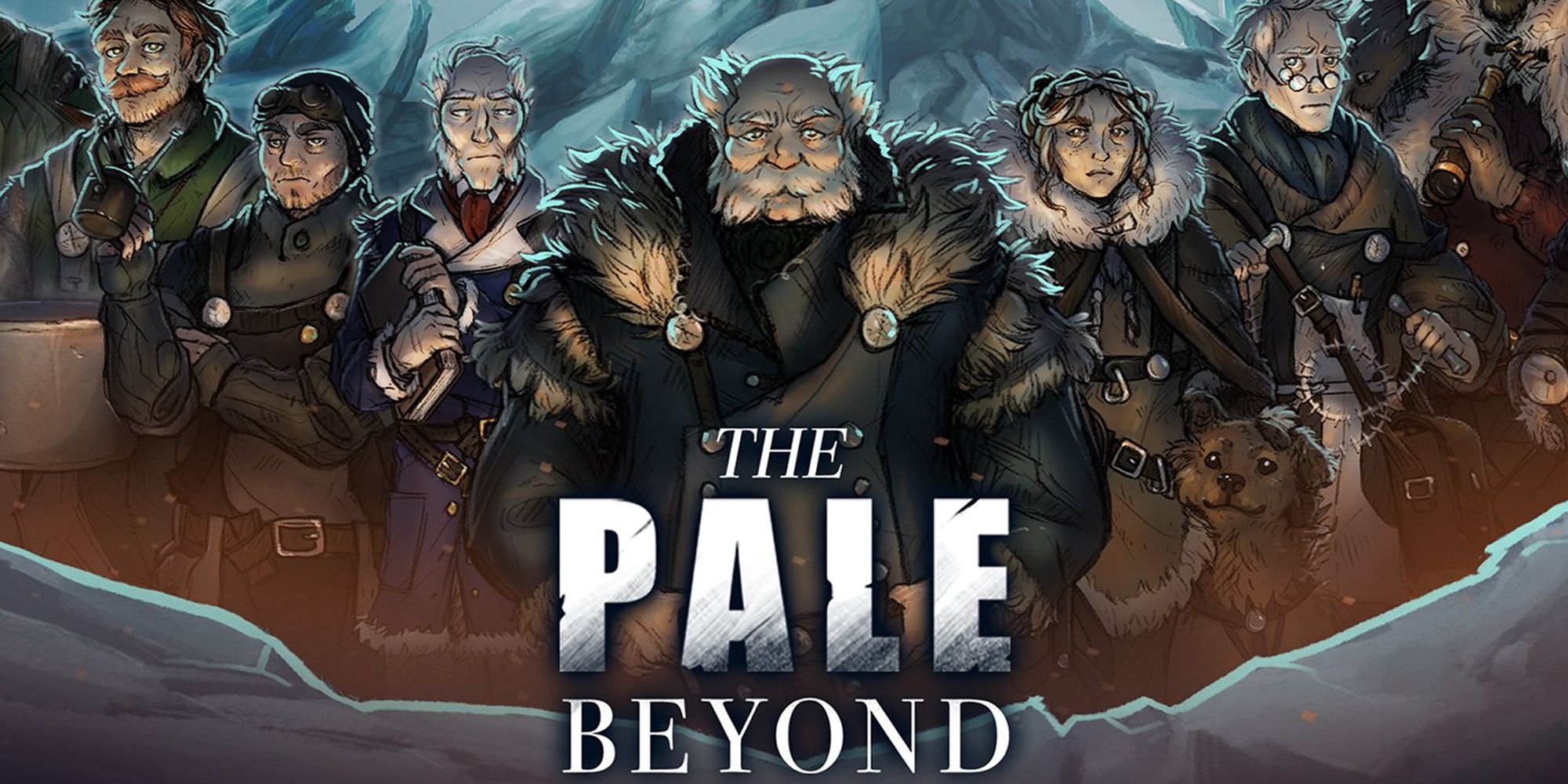Image of a ship's crew in heavy layers of clothes with the logo for The Pale Beyond at the center.