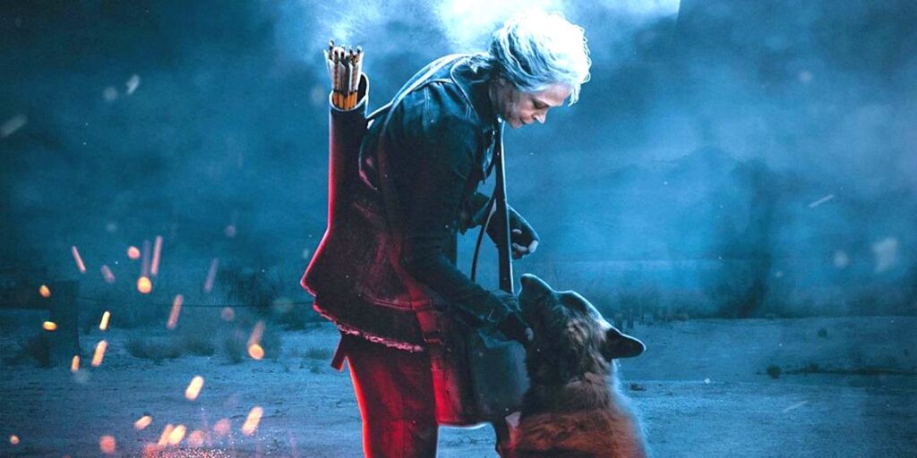 Carol from The Walking Dead pets Dog in haunting moonlight with a fire crackling nearby