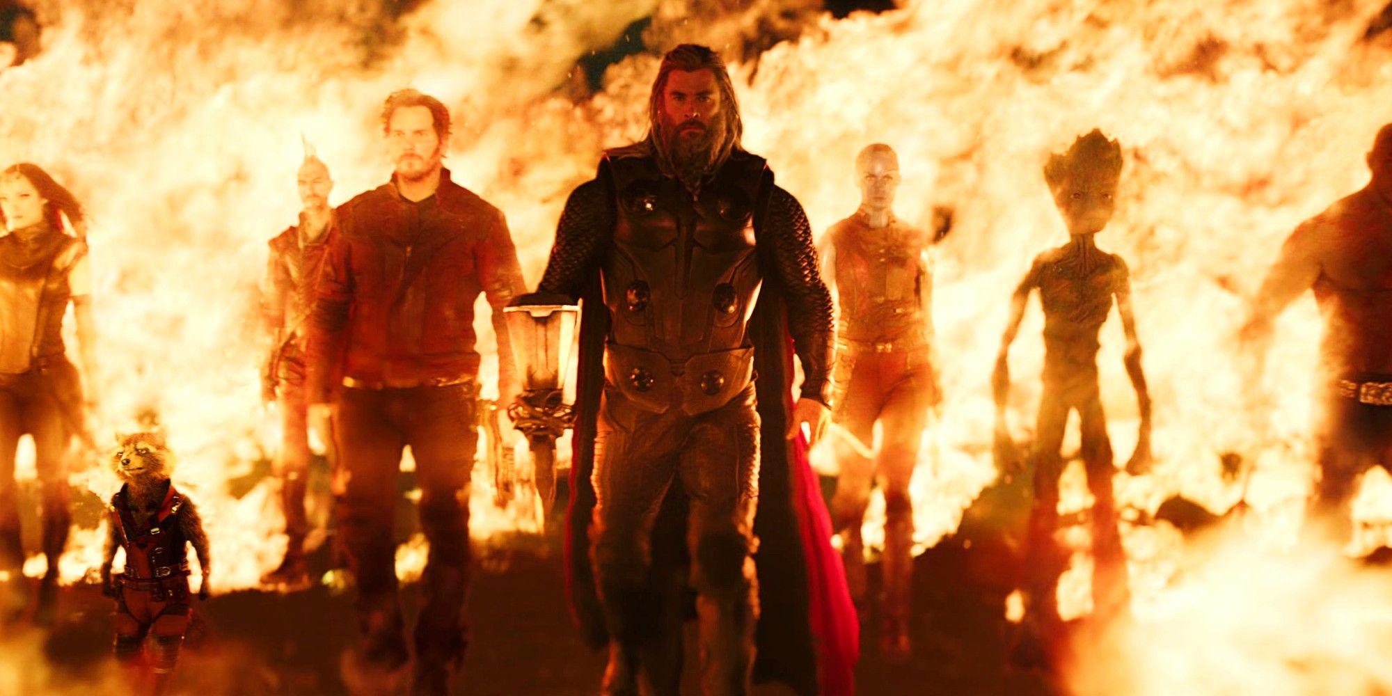 Thor and the Guardians of the Galaxy walking through fire in Thor Love and Thunder