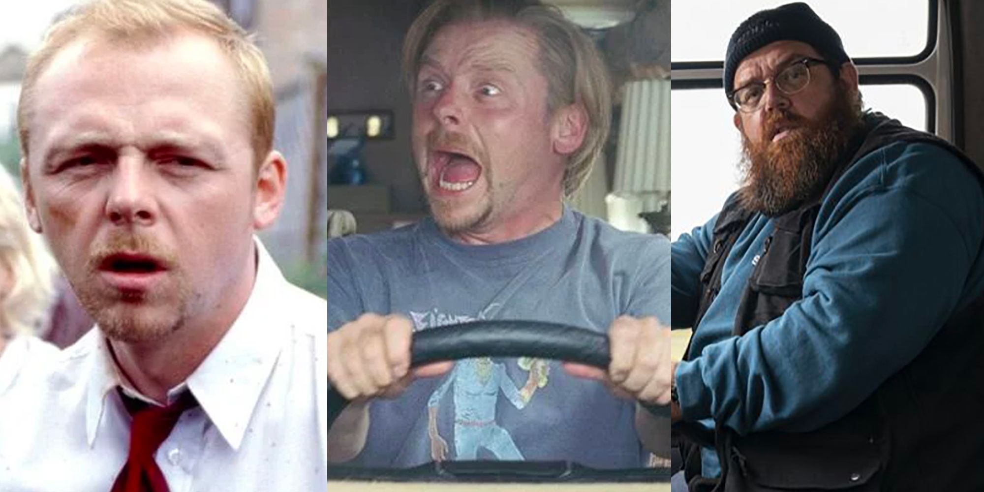 Split image of Simon Pegg in Shaun of the Dead and Paul next to Nick Frost in Truth Seekers