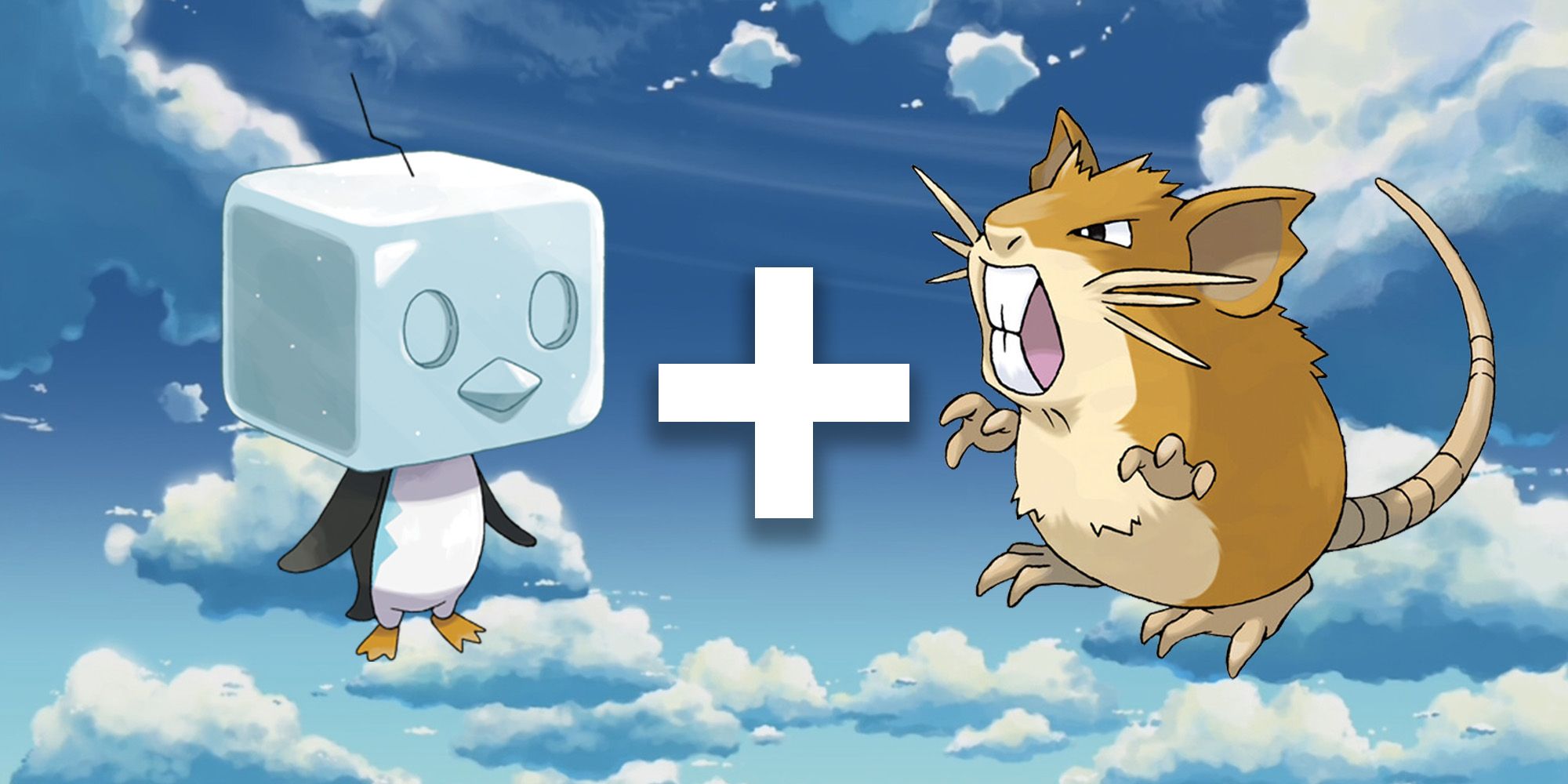 Eiscue and Radicate with a plus symbol between them on a cloudy sky background, representing Pokémon's unused Ice/Normal type combo.