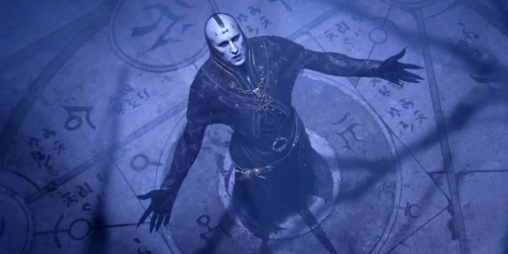 A screenshot from Diablo 4's opening cinematic cutscene, showing a man standing on a floor covered in demonic symbols with his arms spread, looking up.