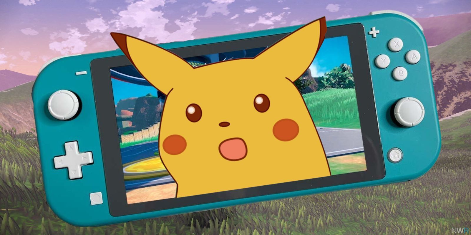 Surprised Pikachu popping out of a Nintendo Switch Lite in front of a Pokémon Legends: Arceus background.