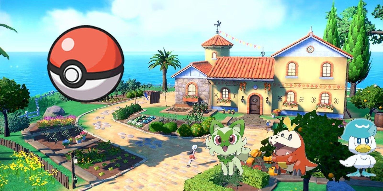 Screenshot of the player's house from Pokémon Scarlet and Violet with a Pokeball and the starter trio of Fuecoco, Quaxly, and Sprigatito.