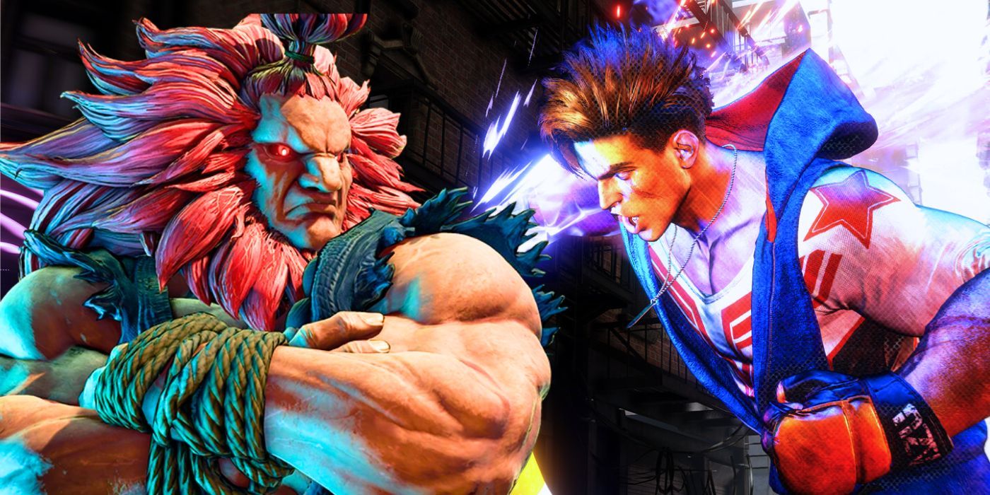 An image of Akuma from Street Fighter V transposed over an image of Luke throwing a punch in Street Fighter 6.