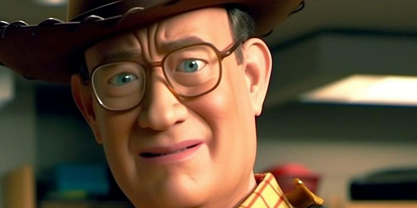 Woody with Tom Hanks face looking scary in AI art