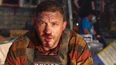 Tom Hardy with a bloody face in Havoc.