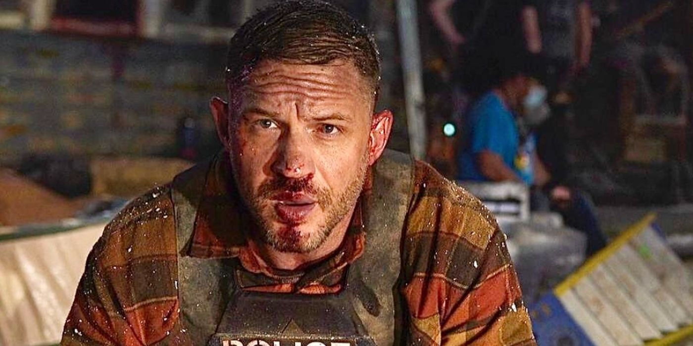 Tom Hardy with a bloody face in Havoc.