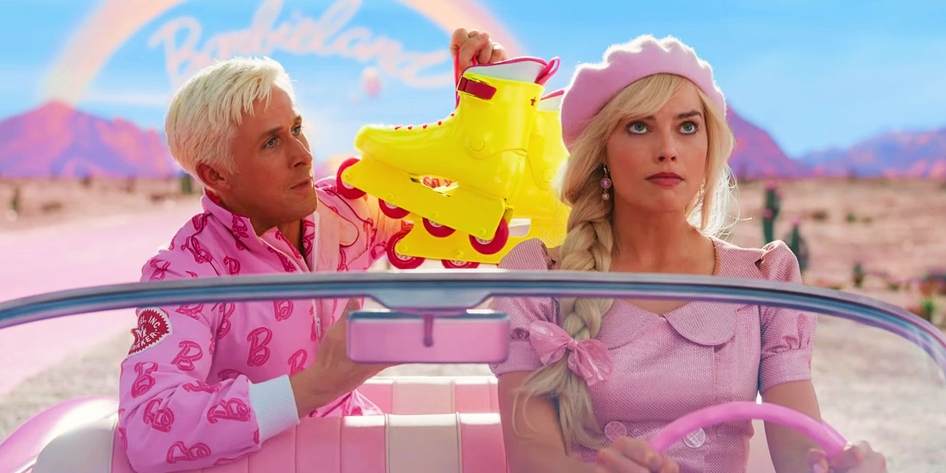 Ken and Barbie in a car in the Barbie movie