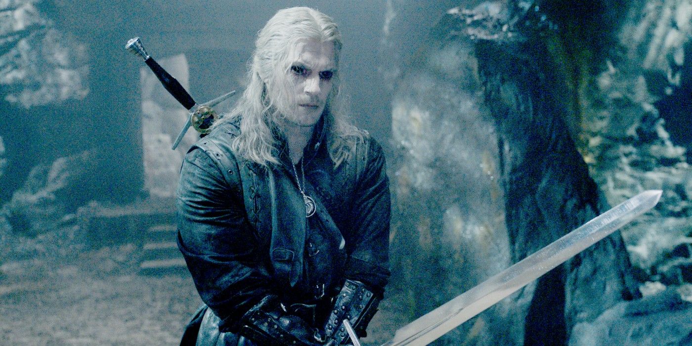 Geralt with a sword and black eyes in the The Witcher season 3