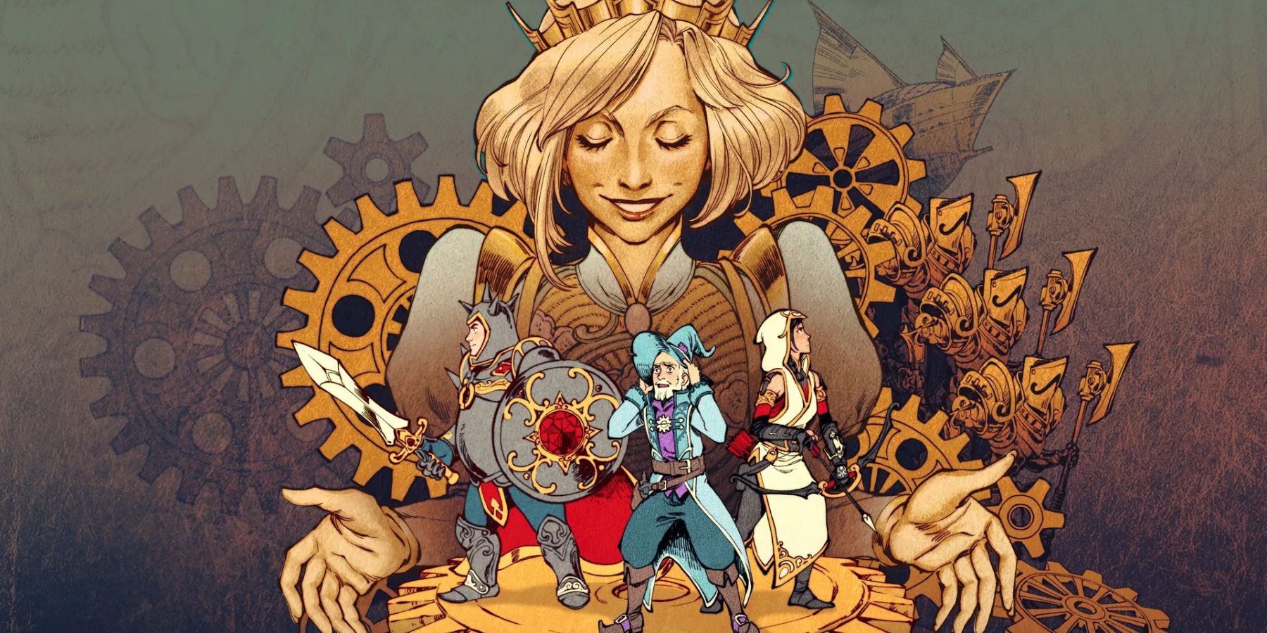The key art for Trine 5: A Clockwork Conspiracy, showing a crowned woman holding her hands around a clockwork gear, on top of which are three other characters - Amadeus the Wizard, Zoya the Thief, and Pontius the Knight.