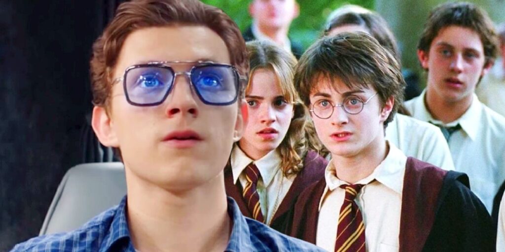 Custom image of Tom Holland in Spider-Man: Far From Home and Daniel Radcliffe and Emma Watson in Harry Potter and the Prisoner of Azkaban.