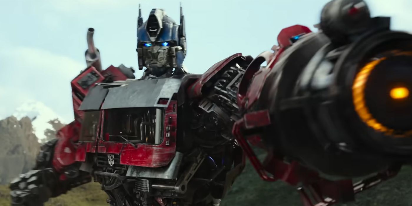 Optimus Prime with his blaster aimed in Transformers: Rise of the Beasts