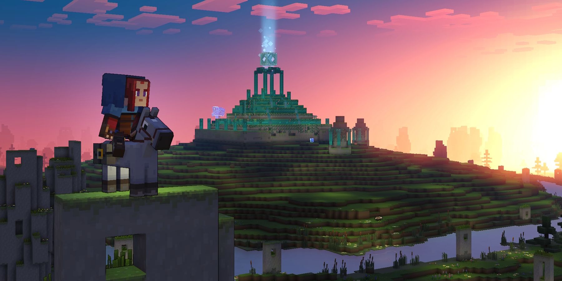 Minecraft Legends Player Overlooking Beacon on a hill