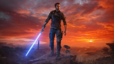 Star Wars Jedi Survivor Key Art showing BD-1 and Cal holding a lightsaber standing on a hilltop.