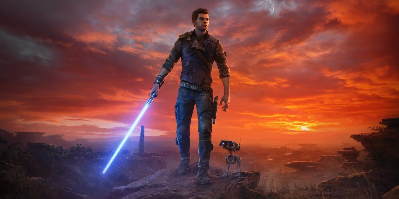 Star Wars Jedi Survivor Key Art showing BD-1 and Cal holding a lightsaber standing on a hilltop.