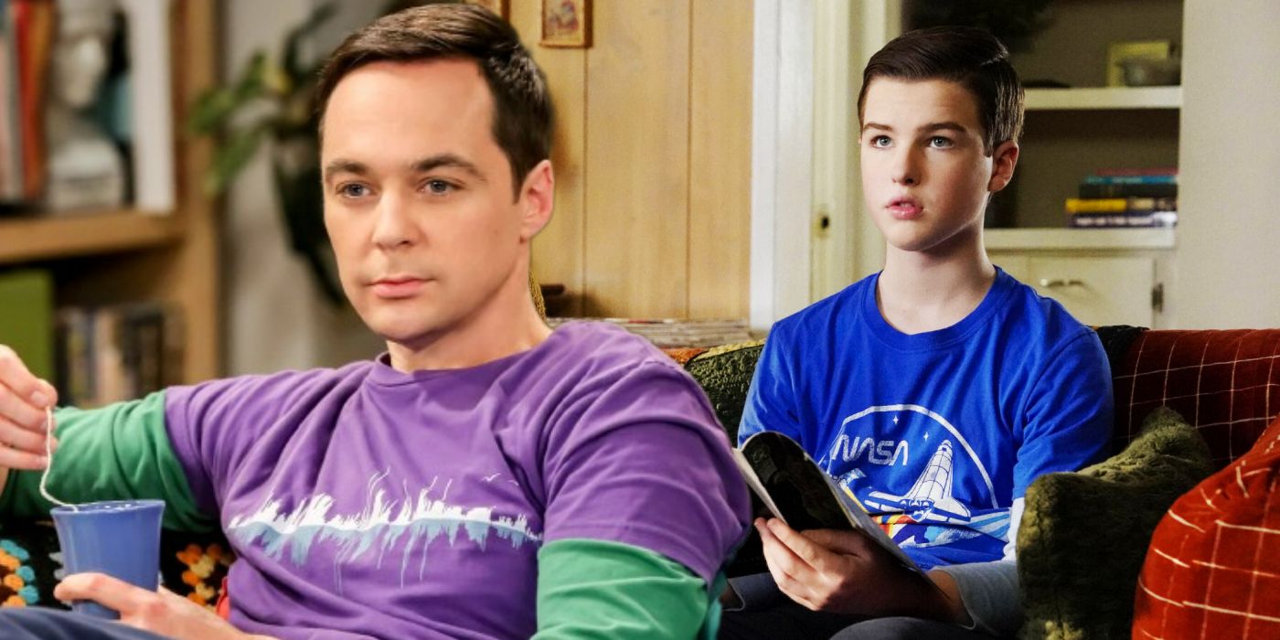 Blended image of older Sheldon drinking tea in The Big Bang Theory and younger Sheldon reading something in Young Sheldon