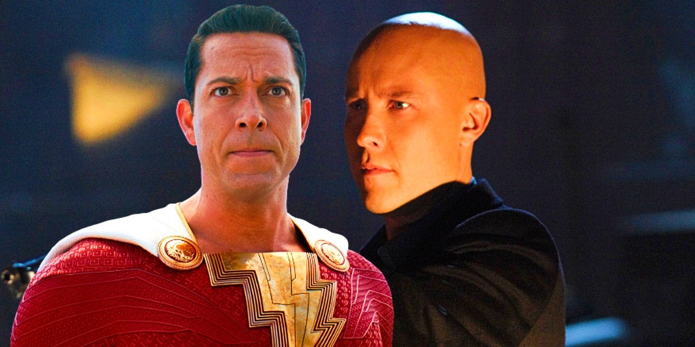 Composite of Zachary Levi as Shazam and Michael Rosenbaum as Lex Luthor on Smallville