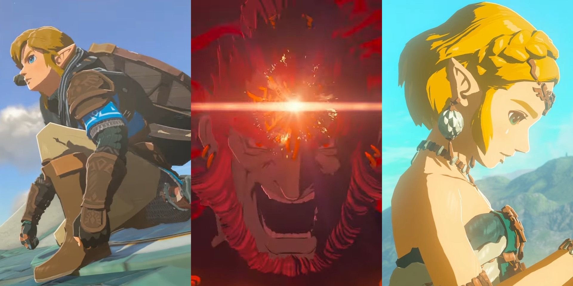 A split image of Link, Ganondorf, and Zelda from Tears of the Kingdom.