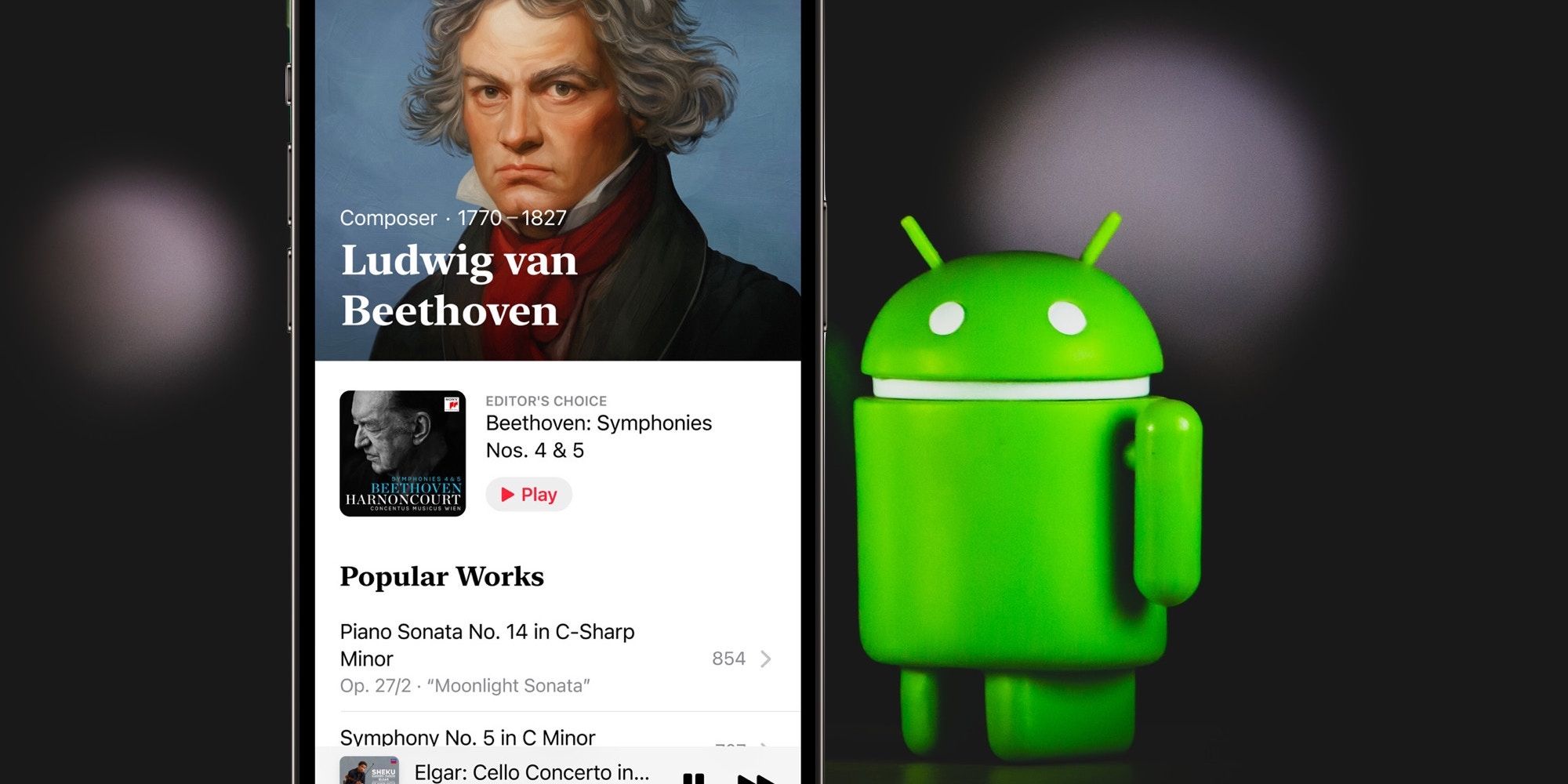 Apple Music Classical on iPhone 14 Pro next to Android mascot