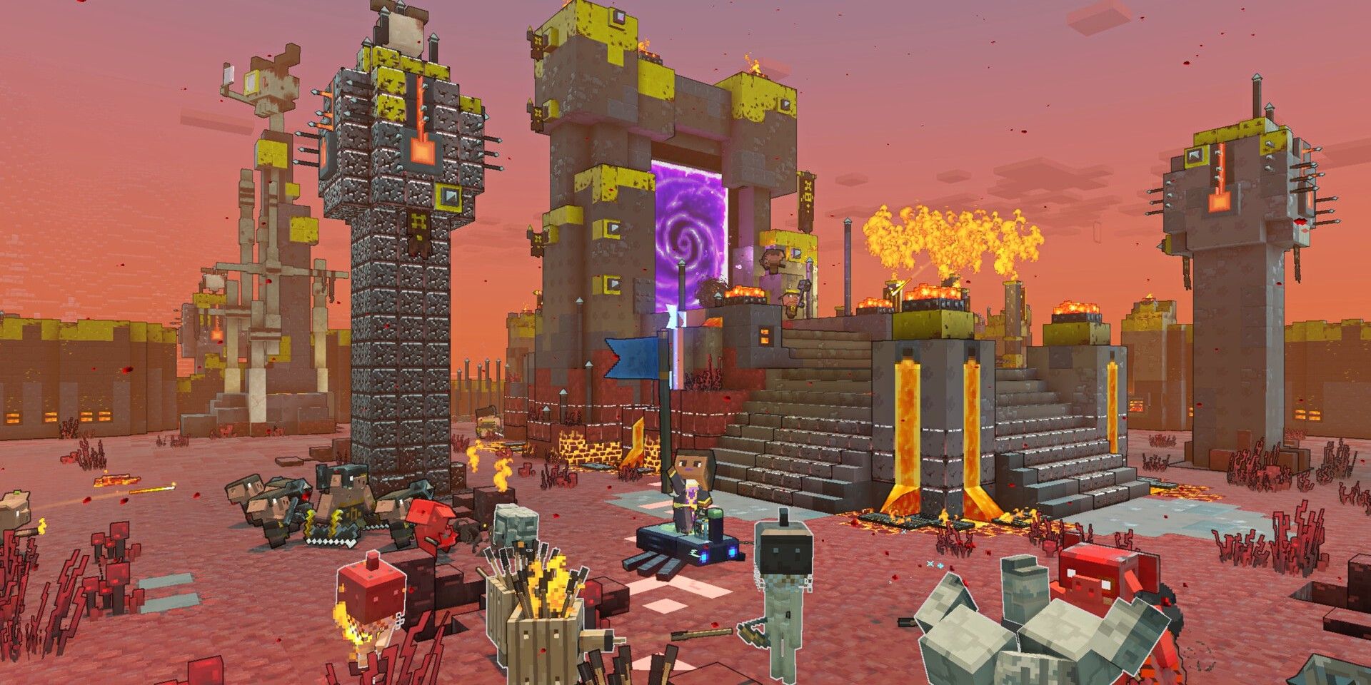 A player attacks a Piglin Nether portal with a stone golem army in Minecraft Legends.