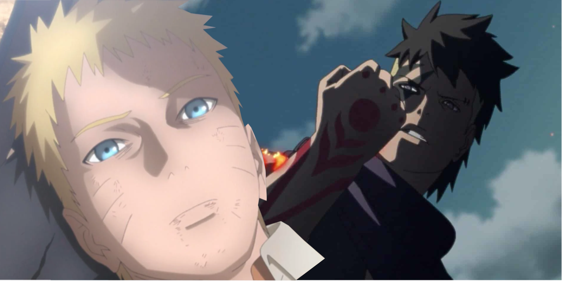 Naruto is seen lying down and looking sad towards the sky while an image of an older Kawaki is seen clenching his fist while his shoulder glows with a red power.