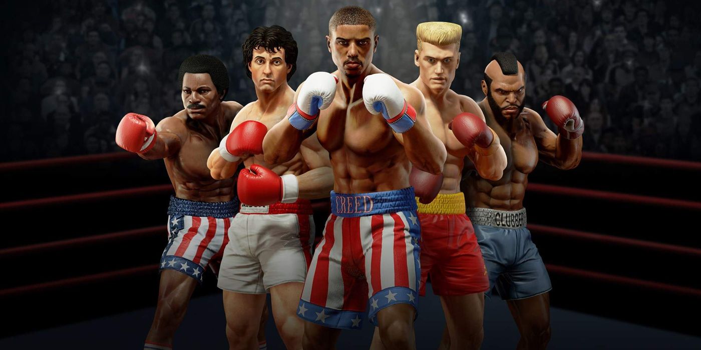 Apollo Creed, Rocky Balboa, Adonis Creed, Ivan Drago, and Clubber Lang stand in a boxing ring, squaring off towards the camera in Creed: Rise To Glory's promotional art.