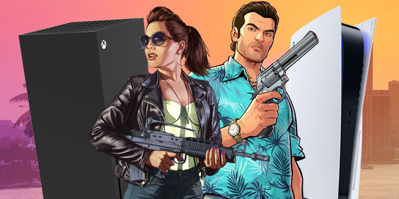 A man and a woman hold guns side by side, standing between an Xbox Series X and PlayStation 5, against a pink and orange tinted Vice City skyline.