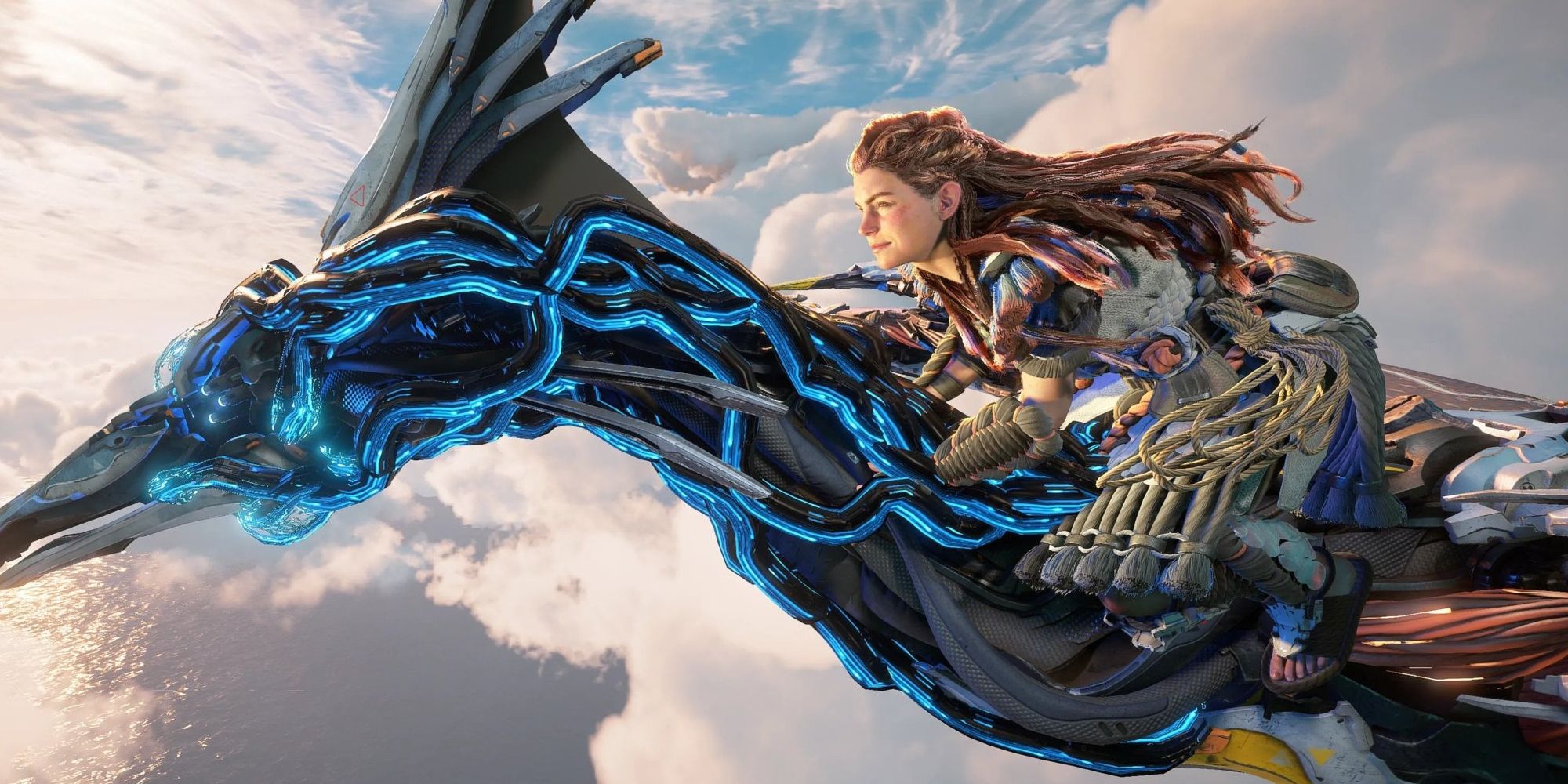 Horizon Forbidden West's Aloy flying on a Sunwing's back. She is above a few clouds, and it is possible to sea the ocean down below.