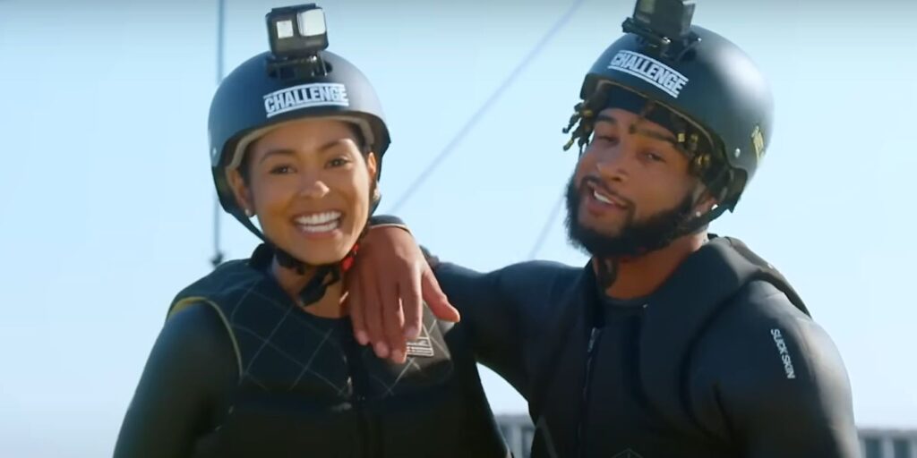 Nelson Thomas and Nurys Mateo wearing helmets and smiling on The Challenge