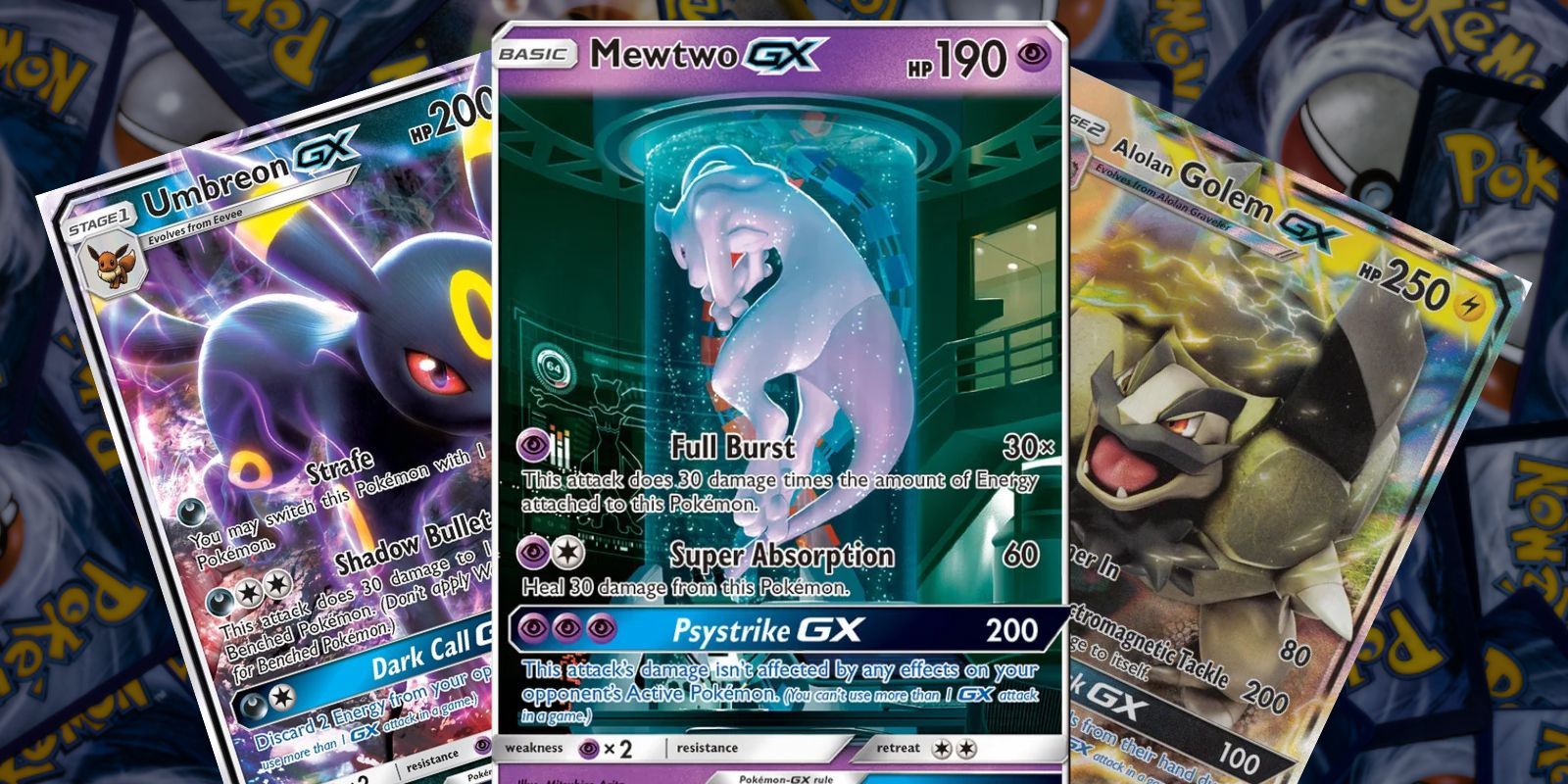 Pokemon GX cards collage featuring Umbreon, Mewtwo, and Alolan Golem