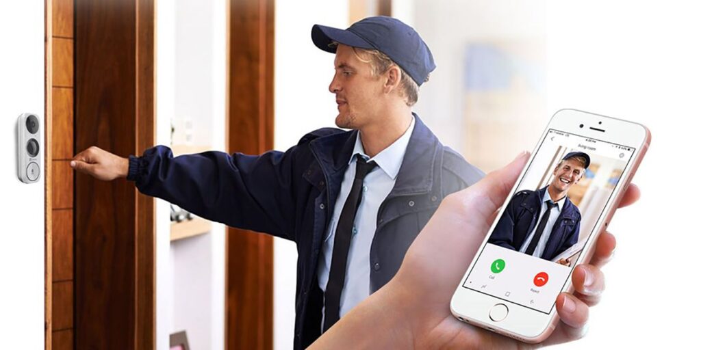 A man ringing a doorbell with an inset image of a hand holding a phone with the live footage on screen.