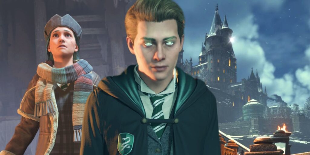 Hogwarts Legacy's Ominis Gaunt with green glowing eyes between a player character looking scared and a shot of Hogwarts at nighttime in the background.