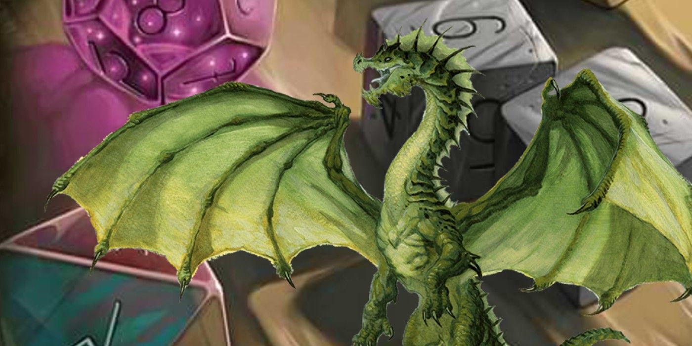 DnD Dice behind a green dragon.
