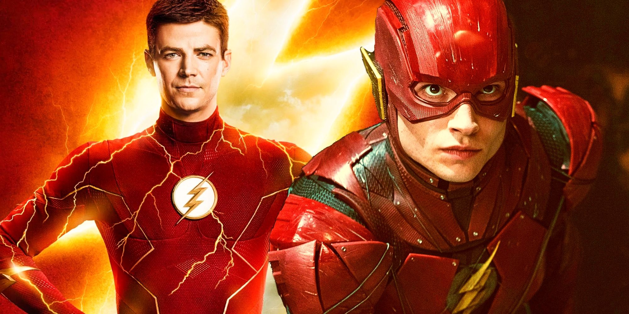 Montage of Grant Gustin's Barry Allen on the left with Ezra Millers The Flash on the right.