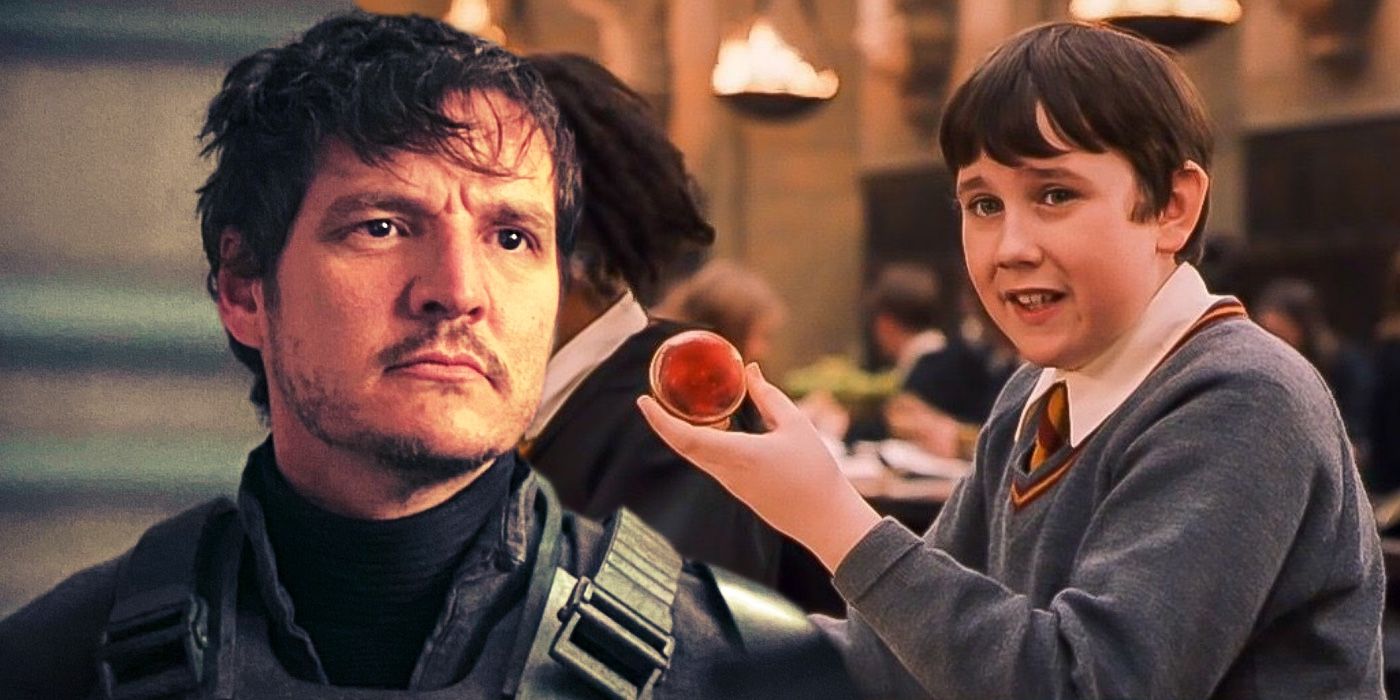 A composite image of Pedro Pascal from the Mandalorian and Neville Longbottom from Harry Potter