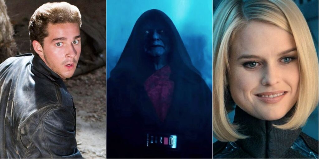Split image of Mutt in Indiana Jones and the Kingdom of the Crystal Skull, Palpatine in Star Wars The Rise of Skywalker, and Alice Eve in Star Trek Into Darkness