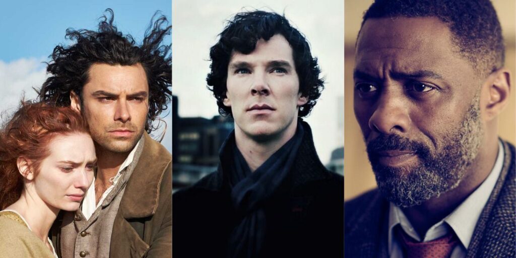 Poldark, Sherlock and Luther main characters collage