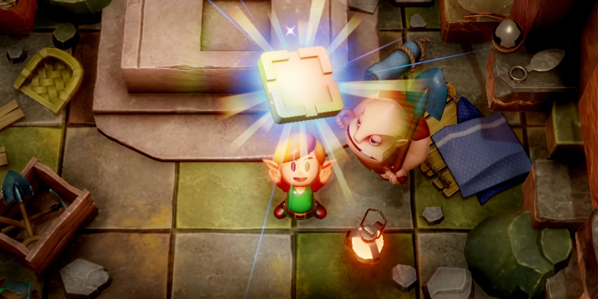 Link holding up a glowing dungeon tile in Dampe's Shack in the Switch Link's Awakening remake.