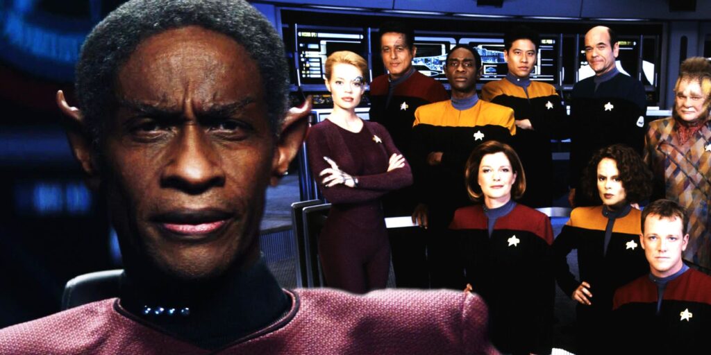 Tim Russ as Tuvok and the cast of Star Trek: Voyager