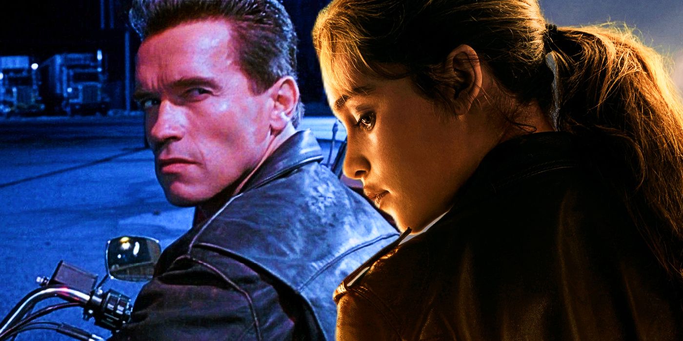 Arnold Schwarzenegger in Terminator 2 and Emilia Clarke in Terminator Genisys